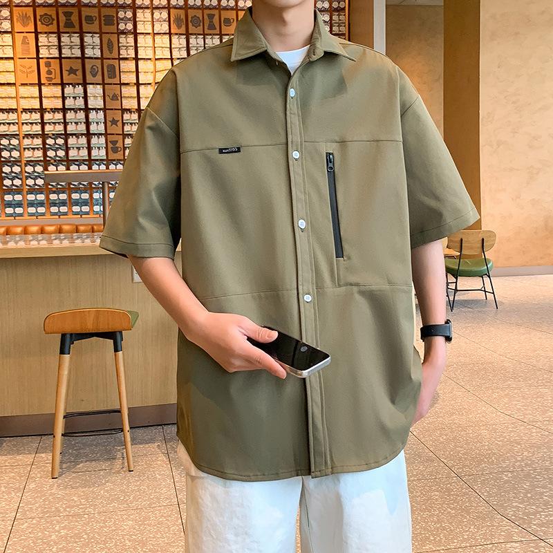 

Повседневная однотонная мужская рубашка с карманом на молнии с коротким рукавом XXXL