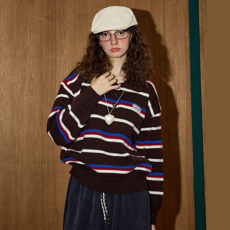 Coolhut Fair Isle Brown Sweater Retro Stripes Contrasting Color Polo Collar Slimming Loose Winter Women's Sweater