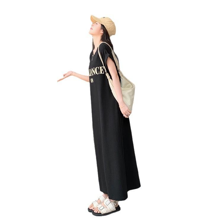 European casual arm-covering dress summer large size fat mm loose belly-covering straight T-shirt skirt split-ended long dress