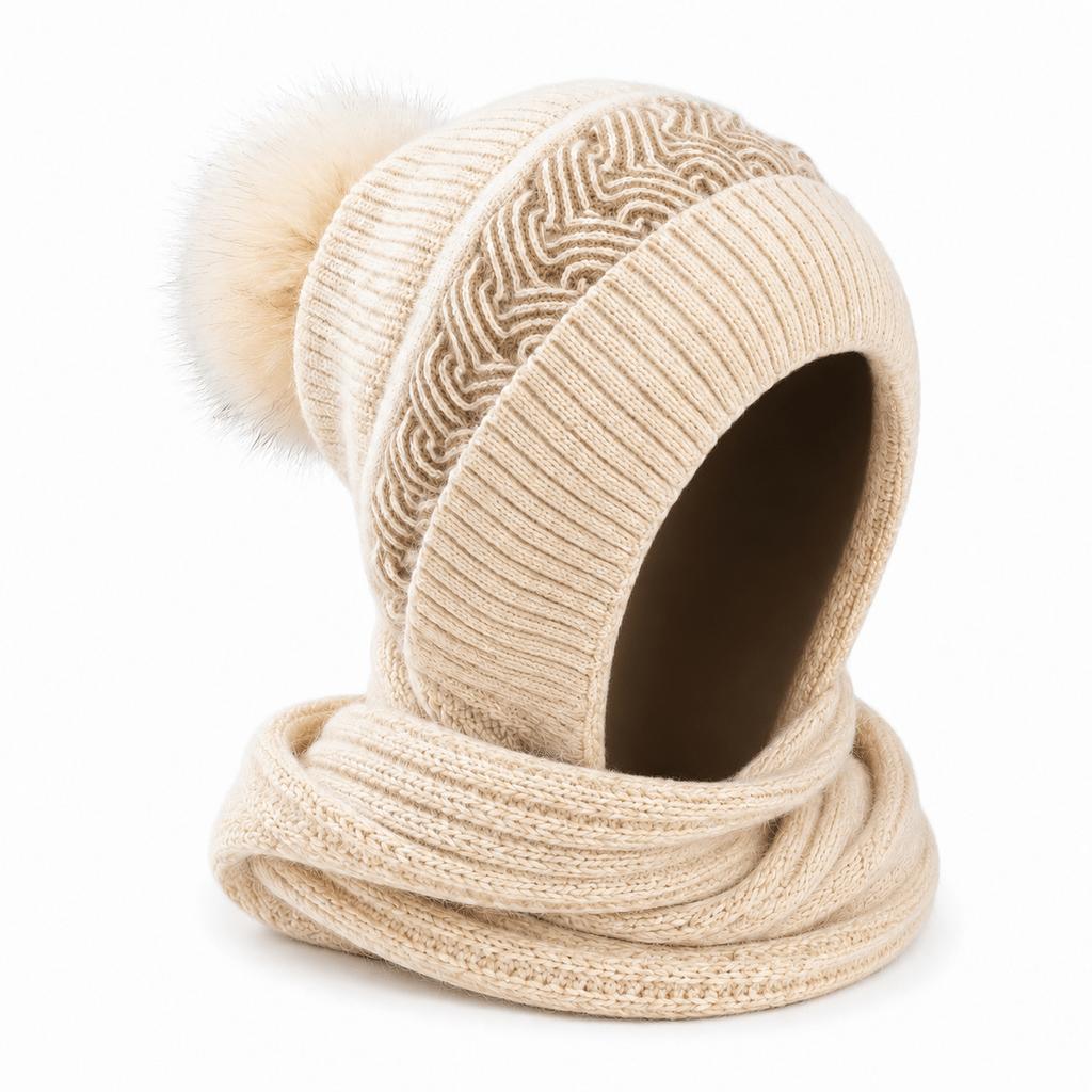 Women' Winter Hooded Hat with Scarf & Pom Pom - Ear-Covering Snood, Geometric Pattern Warm Hat Suitable for Skiing