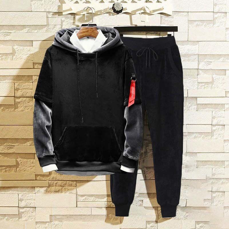 

Мужской осенний костюм из бархата с утолщенной спортивной толстовкой с капюшоном S чёрный