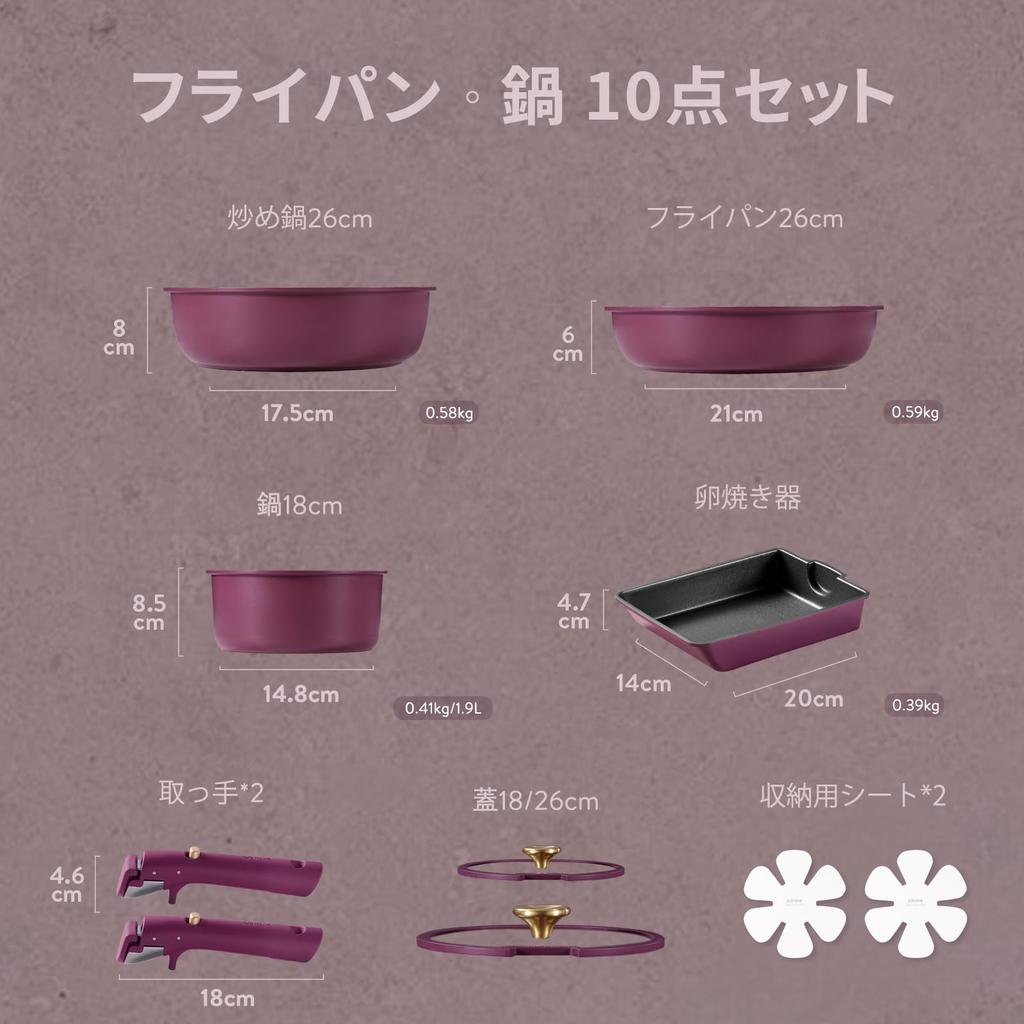 CAROTE Frying Pan Titanium IH Gas Fire Free of Harmful Substances such as Removable Pot Omelet Easy to Gold Luxe Series Set, 10-piece, Coating,