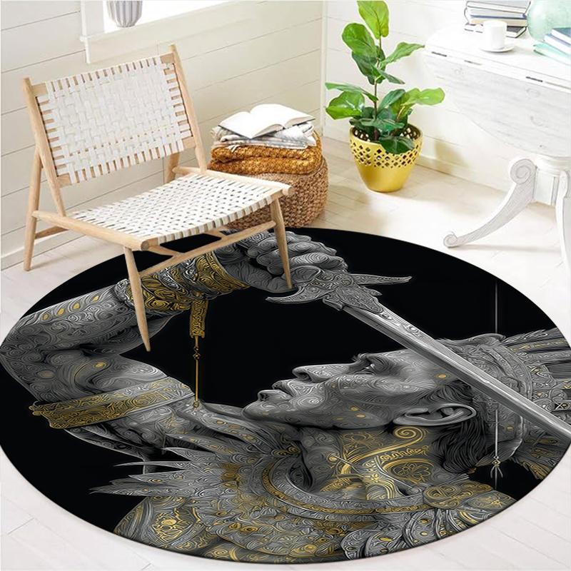 Retro Line Roman Warrior Round Area Rug,Carpet Rug for Living Room Bedroom Sofa Playroom Decor,Non-slip Floor Mat