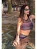 2025 Vintage Korean Striped Backless Tie-Up Swimsuit with Split Skirt for Women