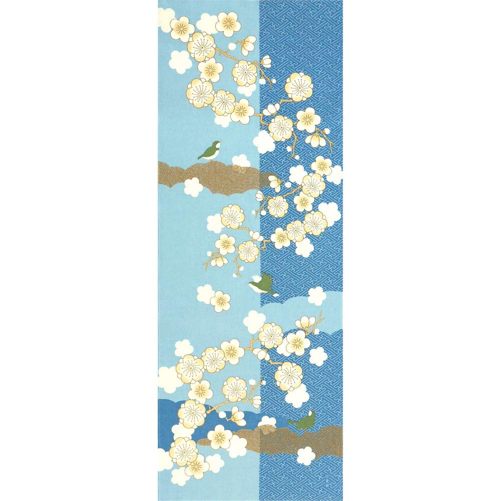 Hamamonyo Picture Tenugui White Plum Blossoms and Nightingale (hand towel) синий