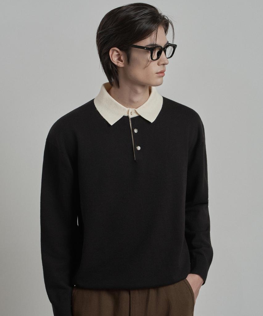 WORK ON BODY OFF Par Semi-Overfit Two-Tone Collar Knit [Black]