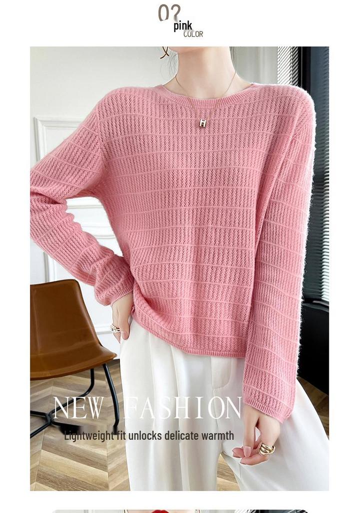 Women's Pure Wool Knit Cashmere Sweater - Round Neck, Hollow Design, Loose Fit, Slimming Pullover for Autumn and Winter