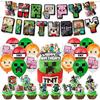 Minecraft Geburtstagsparty Zubehör Dekorationen Set Banner Kuchenaufsätze Luftballons Set für Jungen Mädchen Gaming-Themenparty