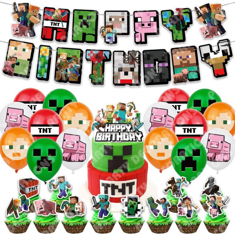 Minecraft Geburtstagsparty Zubehör Dekorationen Set Banner Kuchenaufsätze Luftballons Set für Jungen Mädchen Gaming-Themenparty