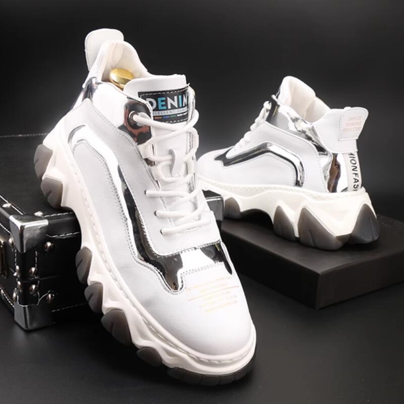 Fashion High-top sneakers thick-soled fashionable and casual leather boots trendy men's shoes white Chinese-style sports ankle boots A11