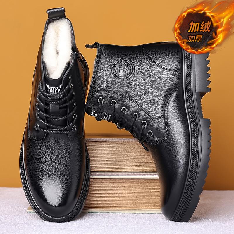 Winter Martin Boots, Men's British Leather Boots, Casual Leather Wool, Cold-proof Warm Cotton Boots, High-top Snow Boots, Men's Cotton Shoes
