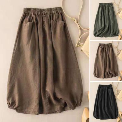 High-Waist Elastic Waistband Pockets Buttons Decor Large Hem Midi Skirt Women Solid Color A-Line Retro Skirt