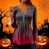 Women's Halloween Print V-Neck Long Sleeve Bell Sleeve Pleated Button Blouse