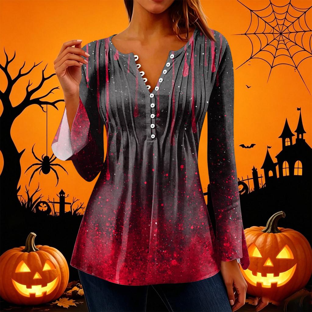 Women's Halloween Print V-Neck Long Sleeve Bell Sleeve Pleated Button Blouse