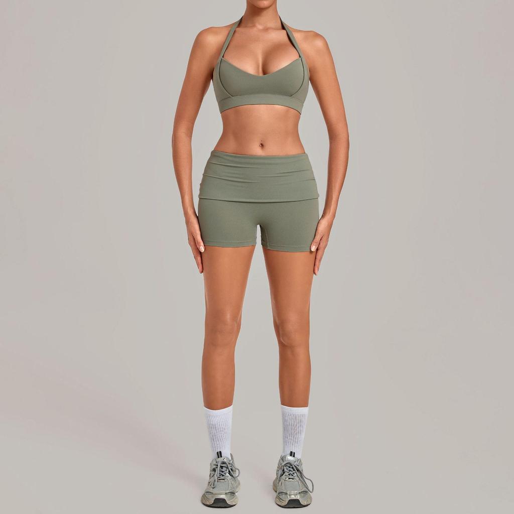 Women's Halter Backless Pleated Yoga Set - Tight Fit, Hip-Revealing Sportswear