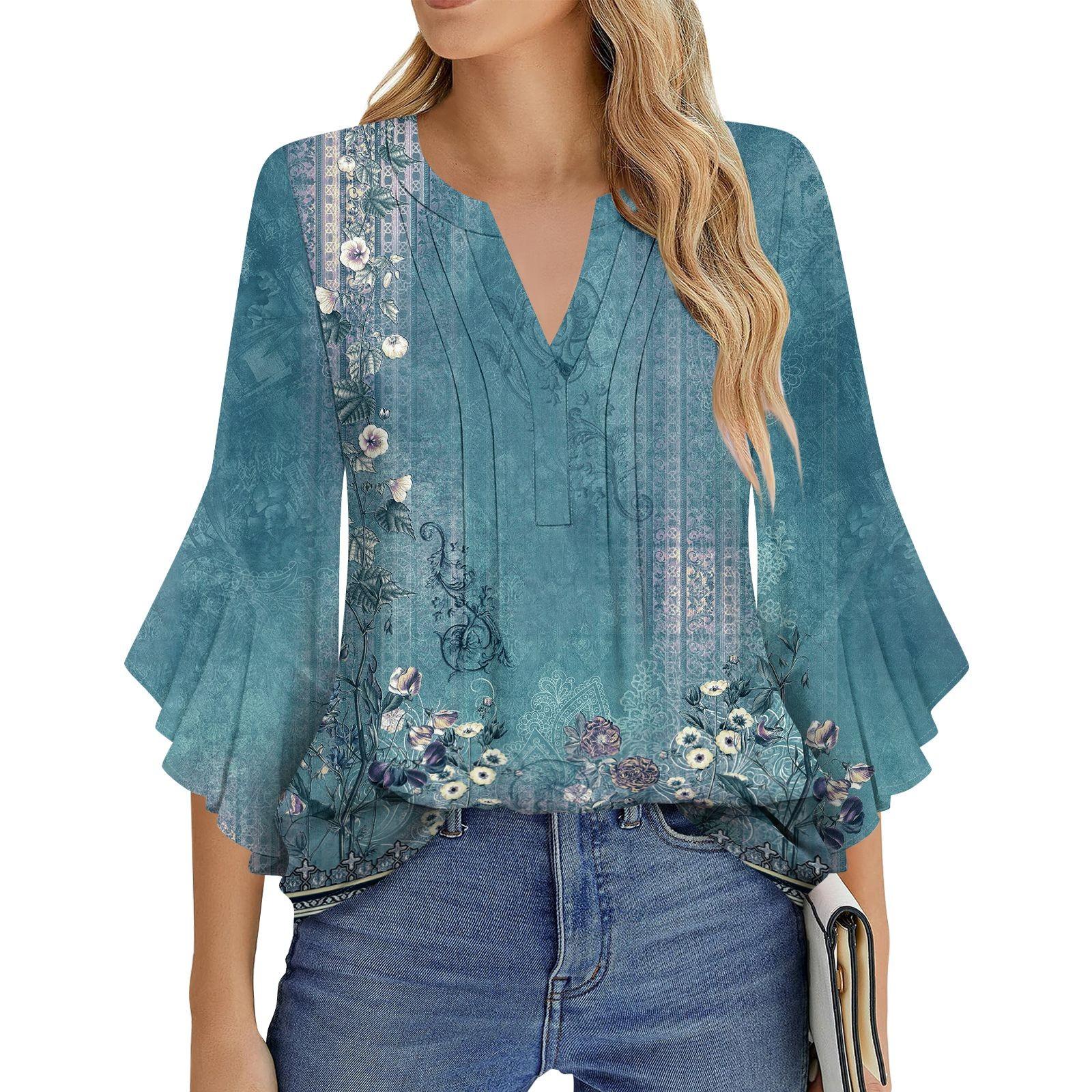 

Женская Мода Повседневная Плиссированная Футболка с V-образным Вырезом Однотонная Рукав Три Четверти Элегантный Топ XL