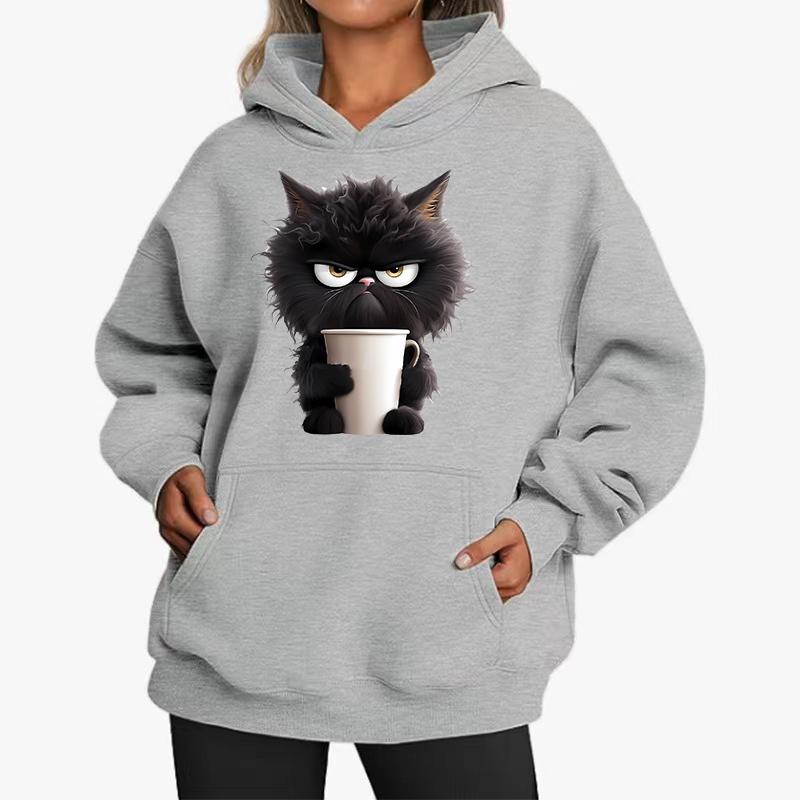 Kaffee Katze Mode Damen Kapuzenpullover Frühling Herbst Winter Freizeit Kapuzenpullover Sweatshirts Oberteile Einfarbiger Kapuzenpullover Sweatshirt Damen