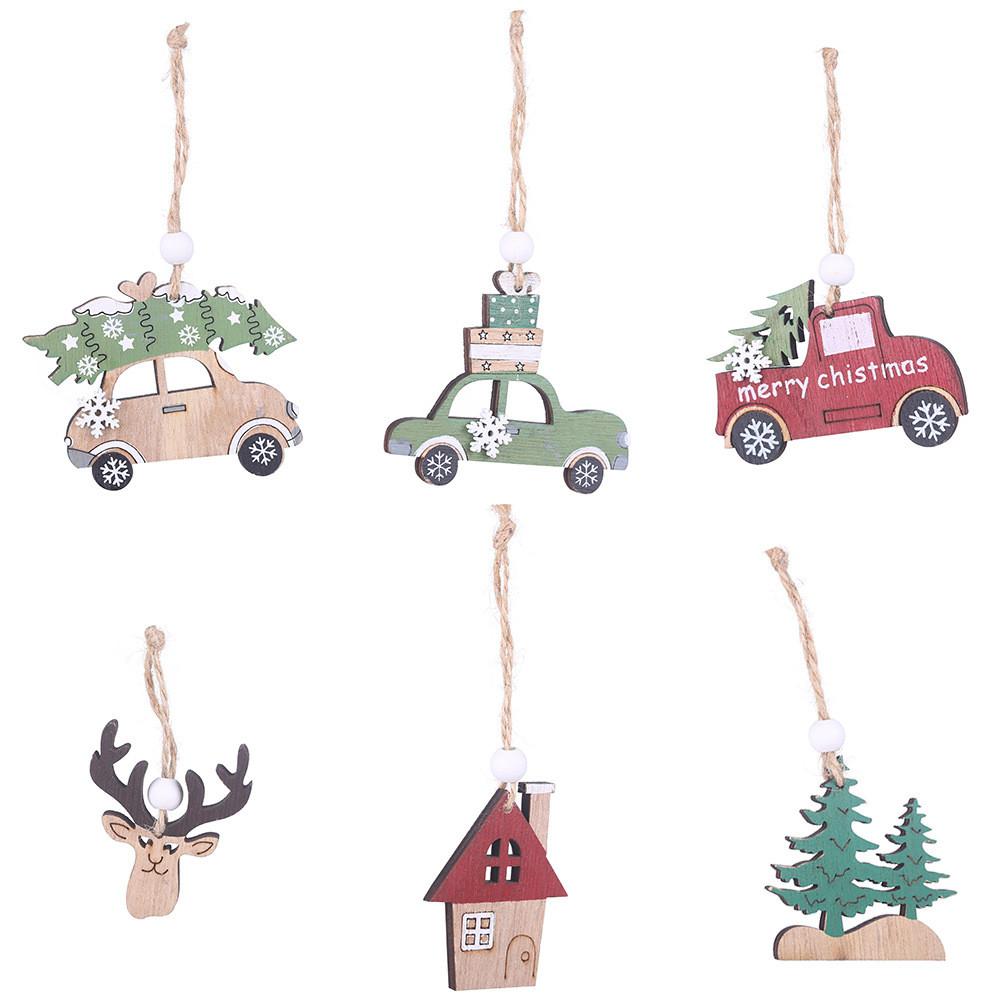 Charming Wooden Christmas Tree Hanging Ornaments Set With Car And Reindeer Designs
