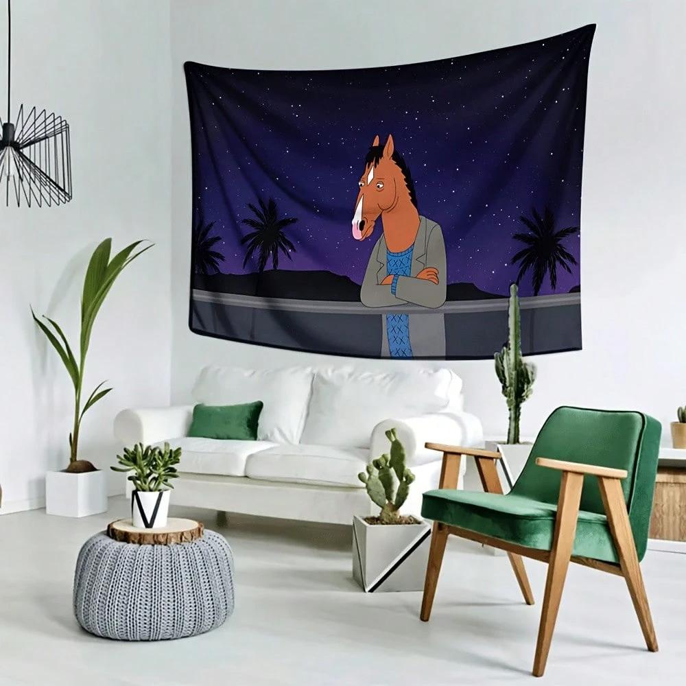 1pc BoJack Horseman Starry Night Polyester Tapestry 2D Flat Wall Decor for Bedroom Living Room  Anime Fan Home Gift