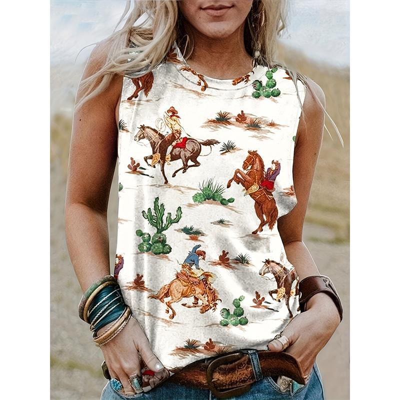 Lady Western-style printed short-sleeved T-shirt, Western style, sleeveless round-neck women's T-shirt