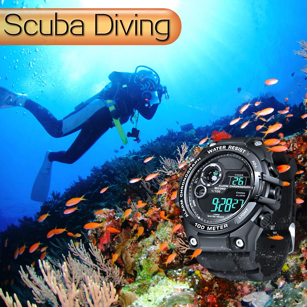 100 m Unterwasser-Tauchuhr für Männer und Jungen mit Alarm, Dualzeit-Stundenformat, Stoppuhr, Chronograph, Funktion, Zone, 12/24
