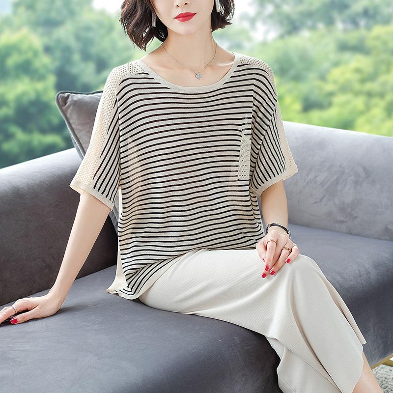 Summer Women's Loose Stripe Top Hollow Knitted T-shirt Women's Ice Silk Short Sleeve T-shirt