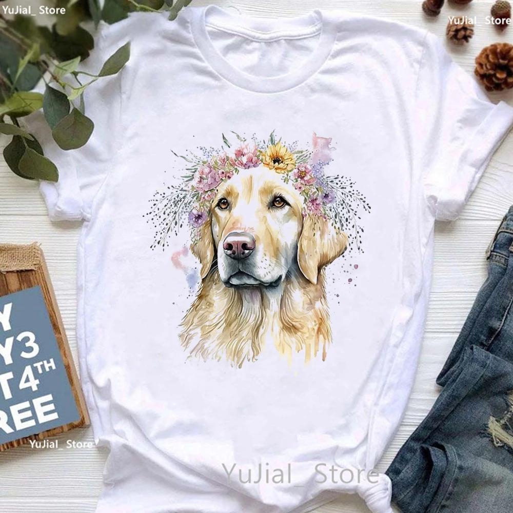 Golden Retriever Hunting Dogs Animal Print T Shirt For Girls Australian Shepherd Dog With Flower Tshirt Unisex Harajuku Shirt