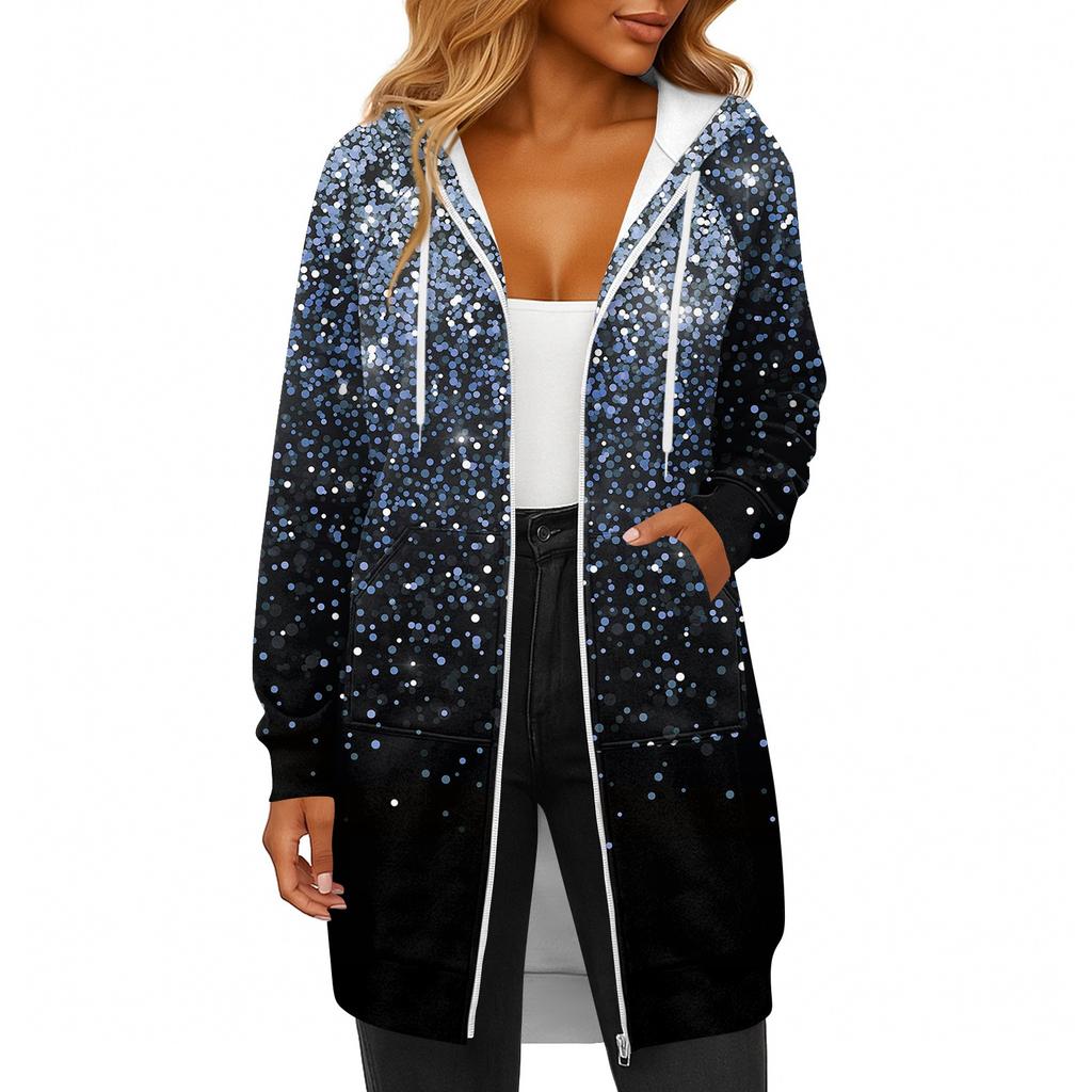Women's Fashionable Printed  Long Sleeved Drawstring Hooded Zipper Pocket Long Casual Sweatshirt Jacket