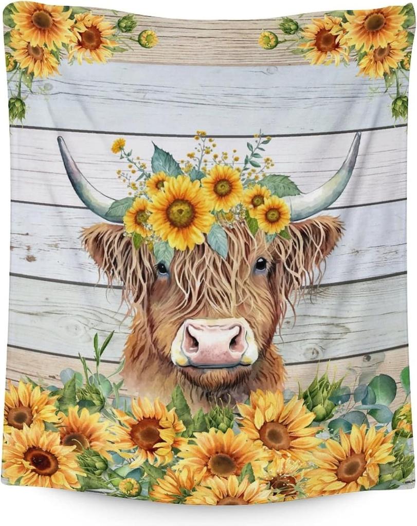 Sunflower Highland Cow Blanket Soft Nature & Animal Flannel Throw Blanket for Sofa Bed Perfect Gift & Cozy Home Decor Blanket