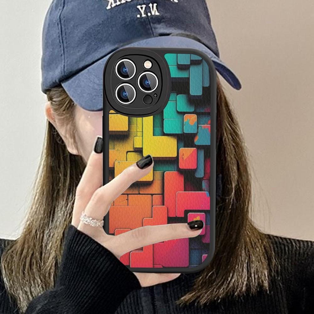 3D Colorful Block Phone Case Hard Leather For iPhone 16 15 14 13 12 Mini 11 14 Pro Max Xs X Xr 7 8 Plus Fundas