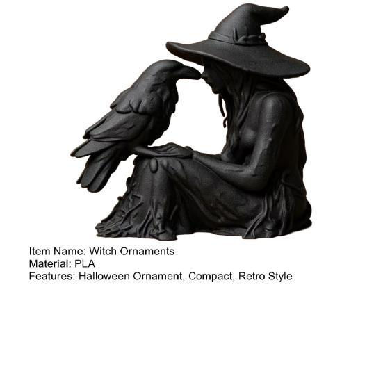 3D Printed Witch Ornament, with Stable Base Matte Black Figurine, Gothic Style Resin Sculpture for Halloween Party Home Decorations