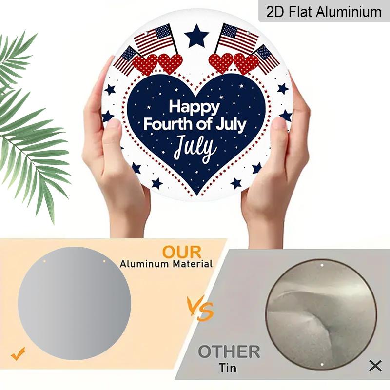 2D Flat 1pc, 8x8 In, July 4th Happy Round Aluminum Metal Sign - Patriotic American Flag & Heart Design, Wall Decor for Home, Office, Kitchen, Bedroom
