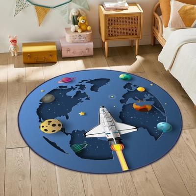 Runder Teppich Matte Teppich Weltraum Thema Heimdekoration Kinderzimmer Astronaut Rakete Planet Muster Rutschfeste Bodenmatte Schlafzimmerteppich