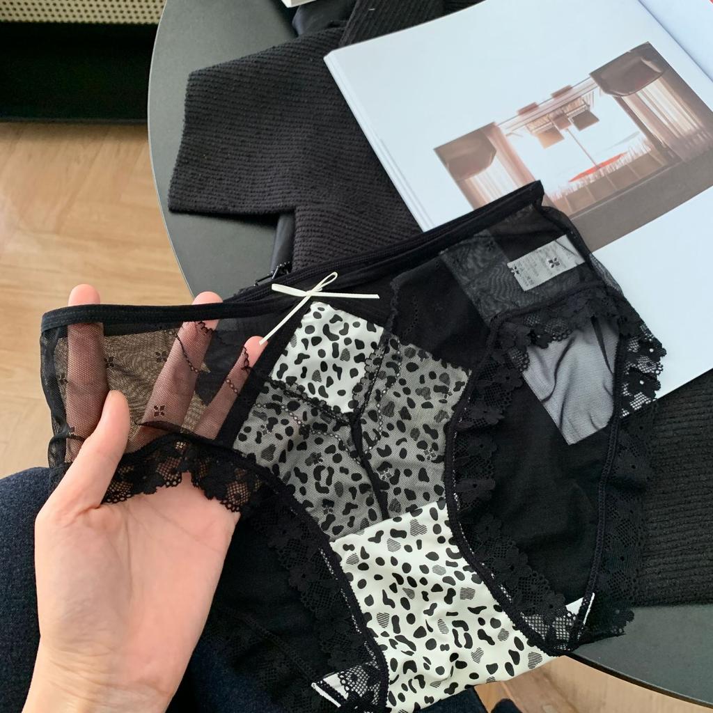 Lady Summer Sexy Leopard Print Pure Want Hollow Lace Lengthen Crotch In Low Waist Triangle Briefs