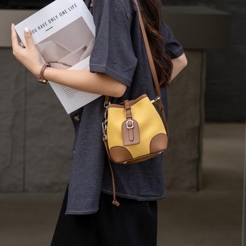 Fashionable Ins Drawstring Bucket Bag TOGO Top-layer Cowhide Contrasting Cross-shoulder Shoulder Genuine Leather Women's Single