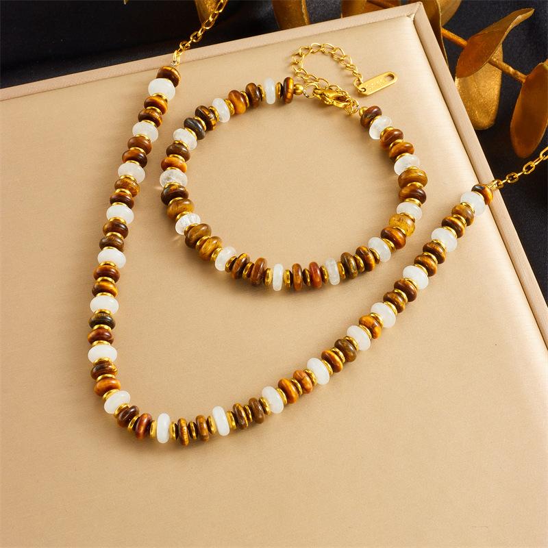 

Gold Tiger Eye Stone Beaded Jewelry Set Necklace Bracelet for Women