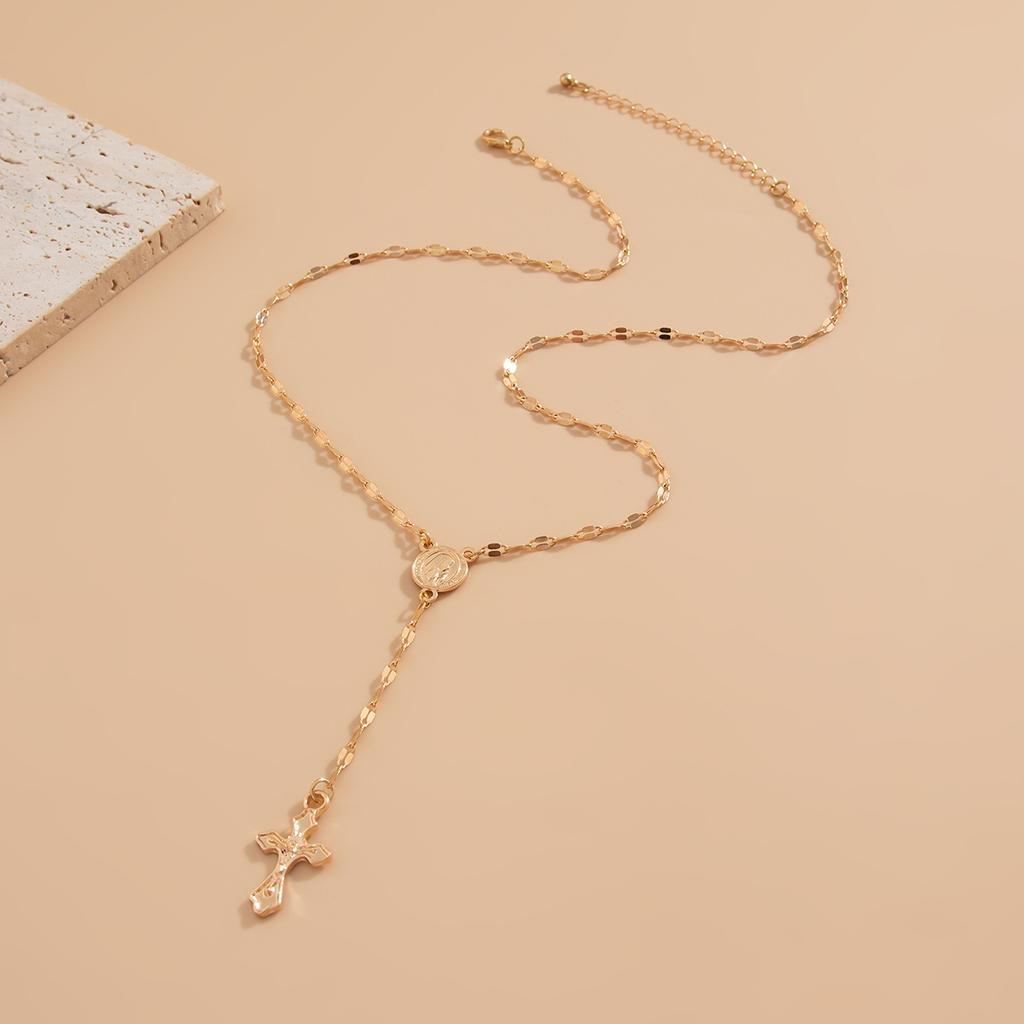Fashion Sense Cross Alloy Pendant Necklace Gemstone Beaded Collar Chain