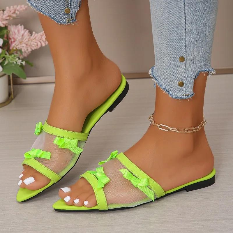

Fashion Pointed Toe Women s Slippers Flats Bow Sandals Summer Woman Shoes 2025 New Beach Flip Flops Designer Walking Zapatillas De Mujer 43