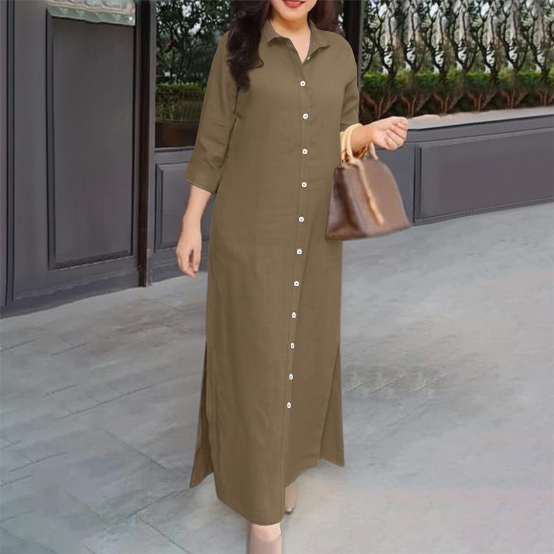 

ZANZEA Women Casual Turn Down Collar Solid Color 3/4 Sleeve Dress 5XL коричневий