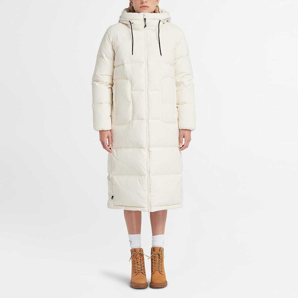 Timberland Recycled Down Long Puffer Jacket Solid Color Hooded Zipper Long Sleeve Coat Women Jacket White A6HG9-V04