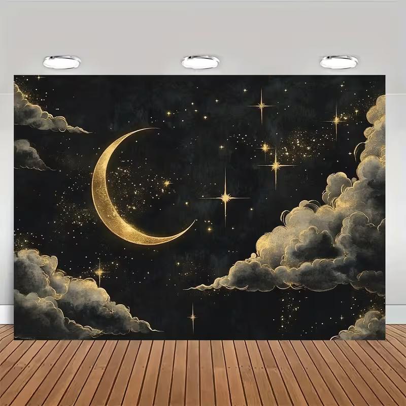 2D Elegant Golden Crescent Moon with Sparkling Stars and Clouds