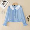 VONDA Women Lace Lapel Neck Long Sleeve Ruffled Pleating Casual Elegant Blouse