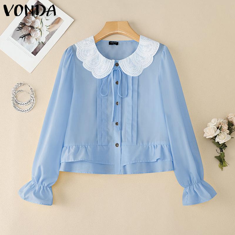 VONDA Women Lace Lapel Neck Long Sleeve Ruffled Pleating Casual Elegant Blouse