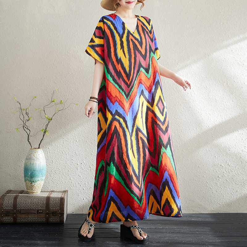 Summer Cotton and Linen Printed Loose and Simple Long Skirt Thin