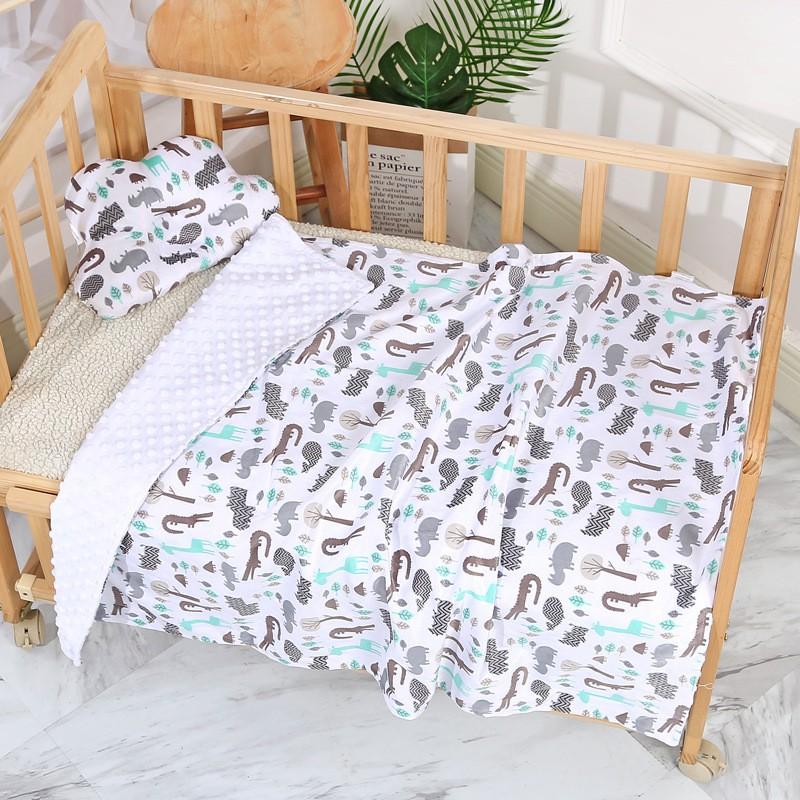 Soft Plush Double-Layer Baby Swaddle Blanket With Cartoon Animal Print Matching Pillow Set Newborns