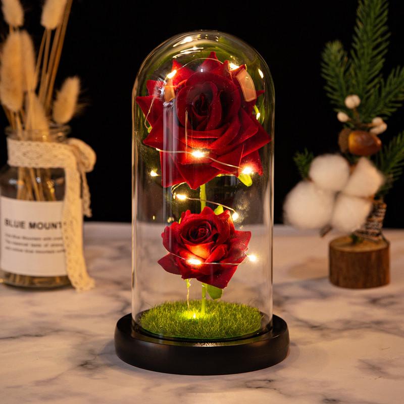 Two roses glass cover ornament Christmas Valentine's Day birthday gift LED light simulation eternal flower