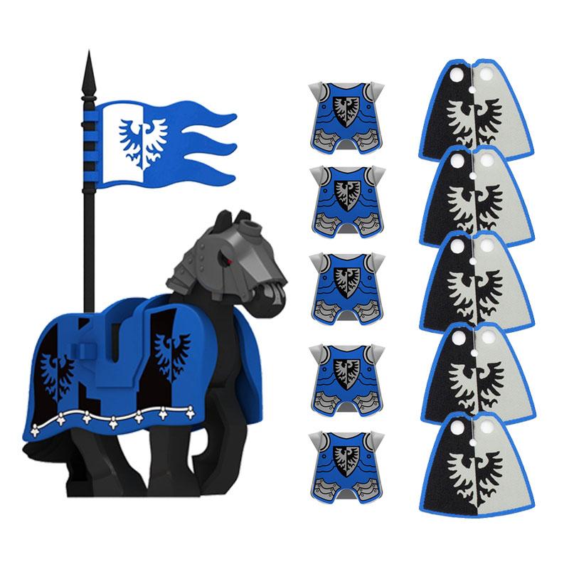 MOC Medieval Red Lion Black Eagle Castle Soldier Knight Horse Mount Building Block Military Figure Vest Armor Flag Toy Gift B036