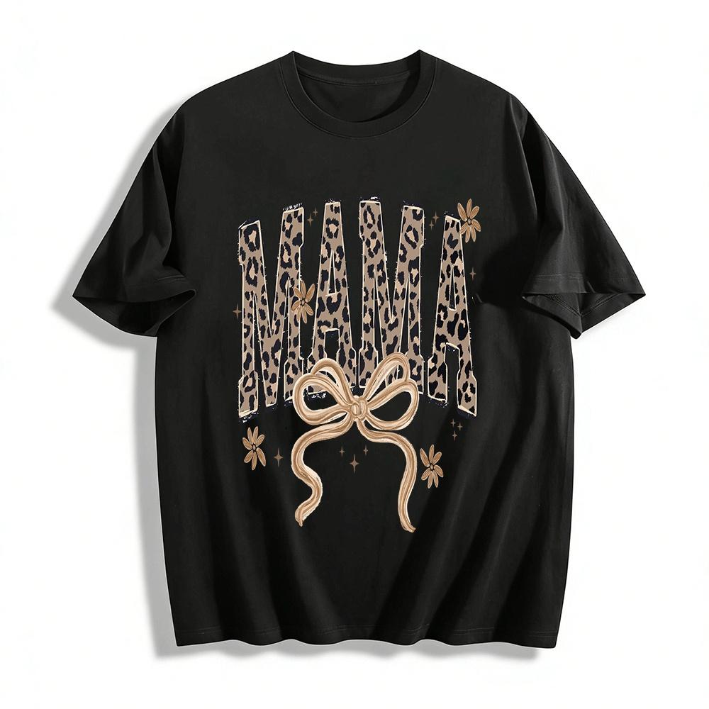 Vintage Leopard Print MAMA Graphic Bow Accent Casual Top Pure cotton T-shirt XXS