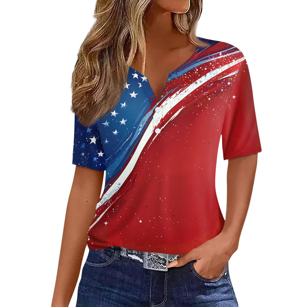 Women's T Shirt Independence Day Print Button Short Sleeve Daily Weekend Fashion Basic V- Neck Regular Top
