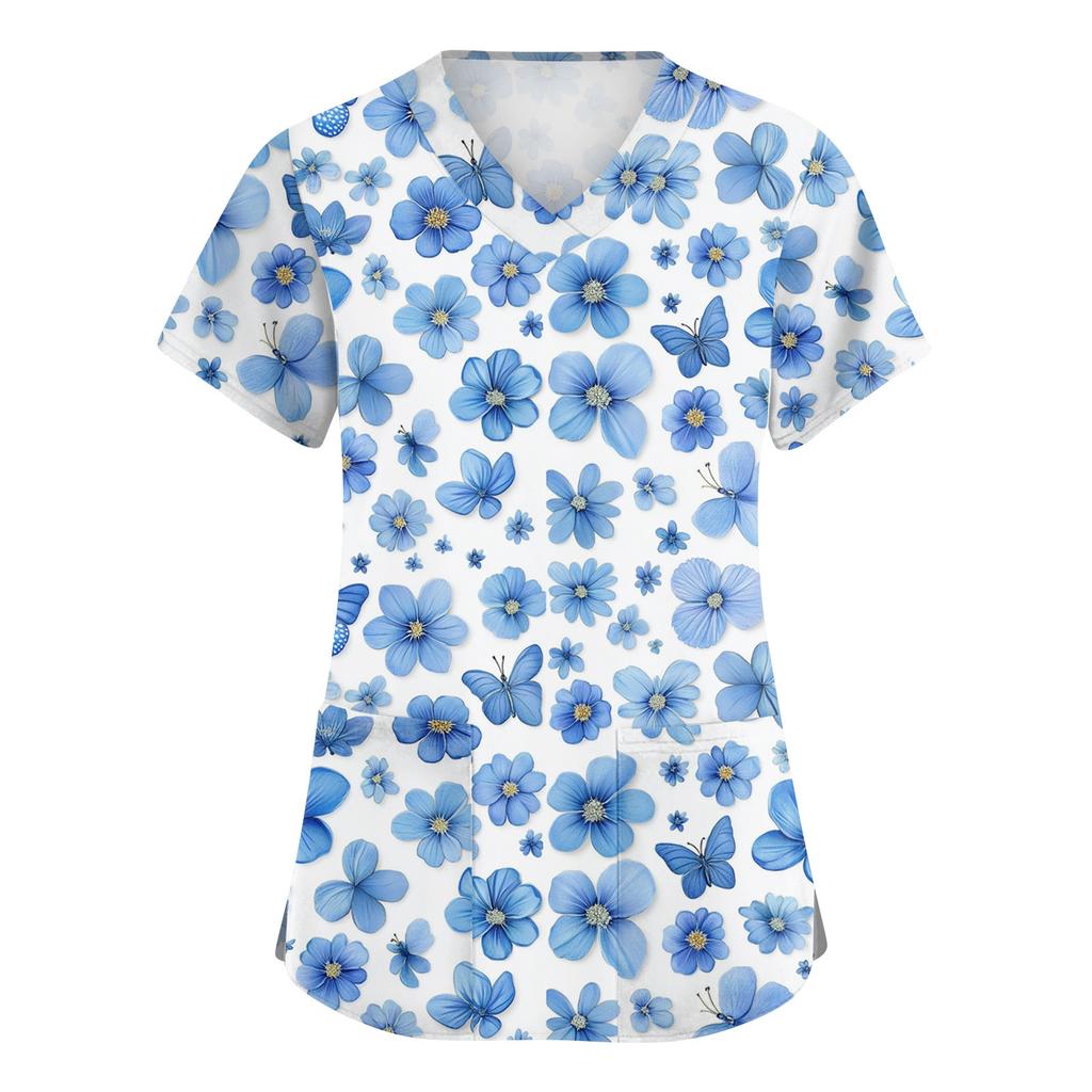 Women's Fashionable V-neck Workwear Printed Short Sleeved Pocket Side Slit Workwear Basic Pullover Top